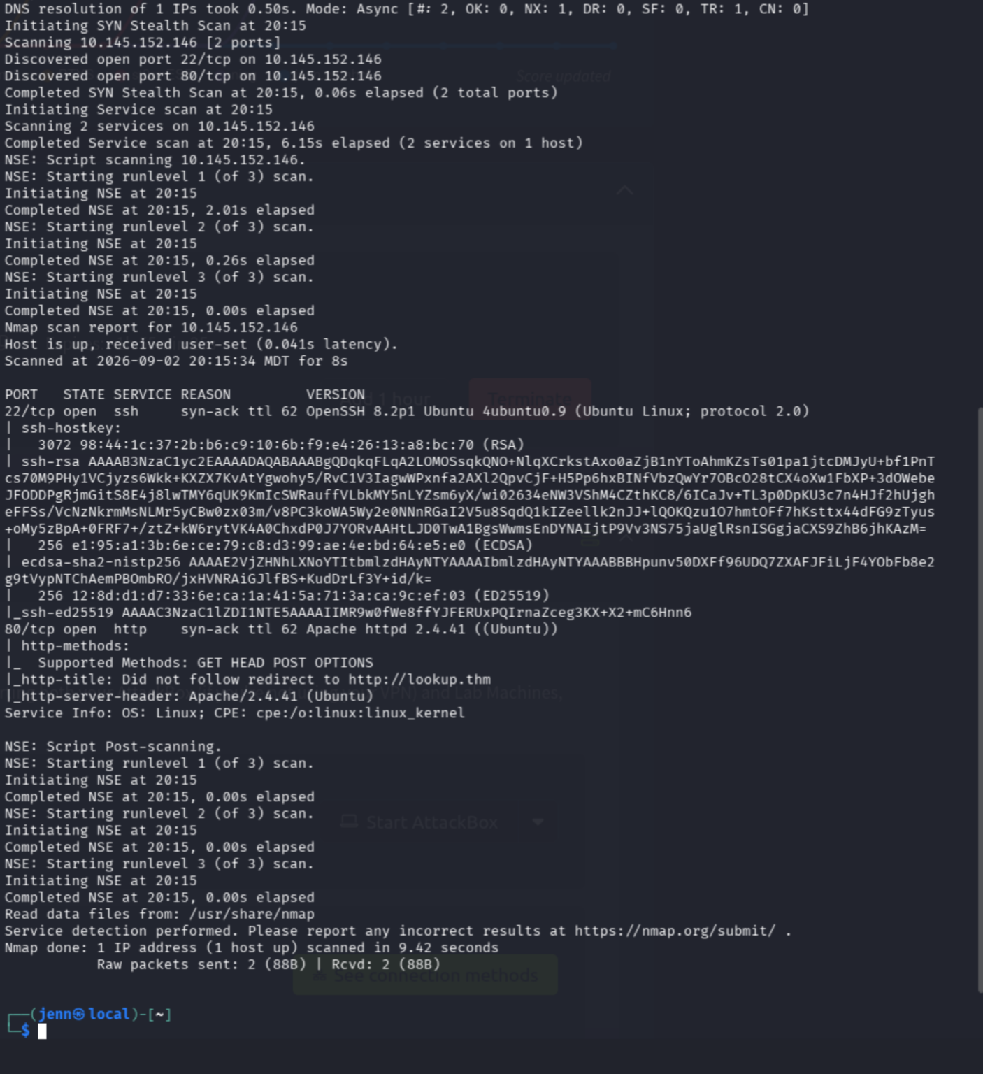 RustScan and Nmap results showing SSH on port 22, Apache on port 80, and the lookup.thm redirect